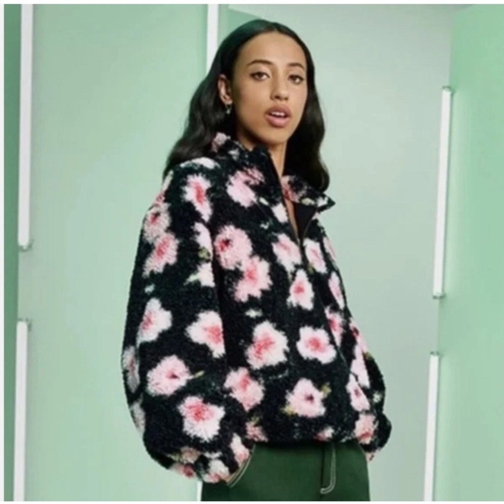 Sandy Liang x Target Floral Sherpa Fleece Pullover Jacket Black Pink XL